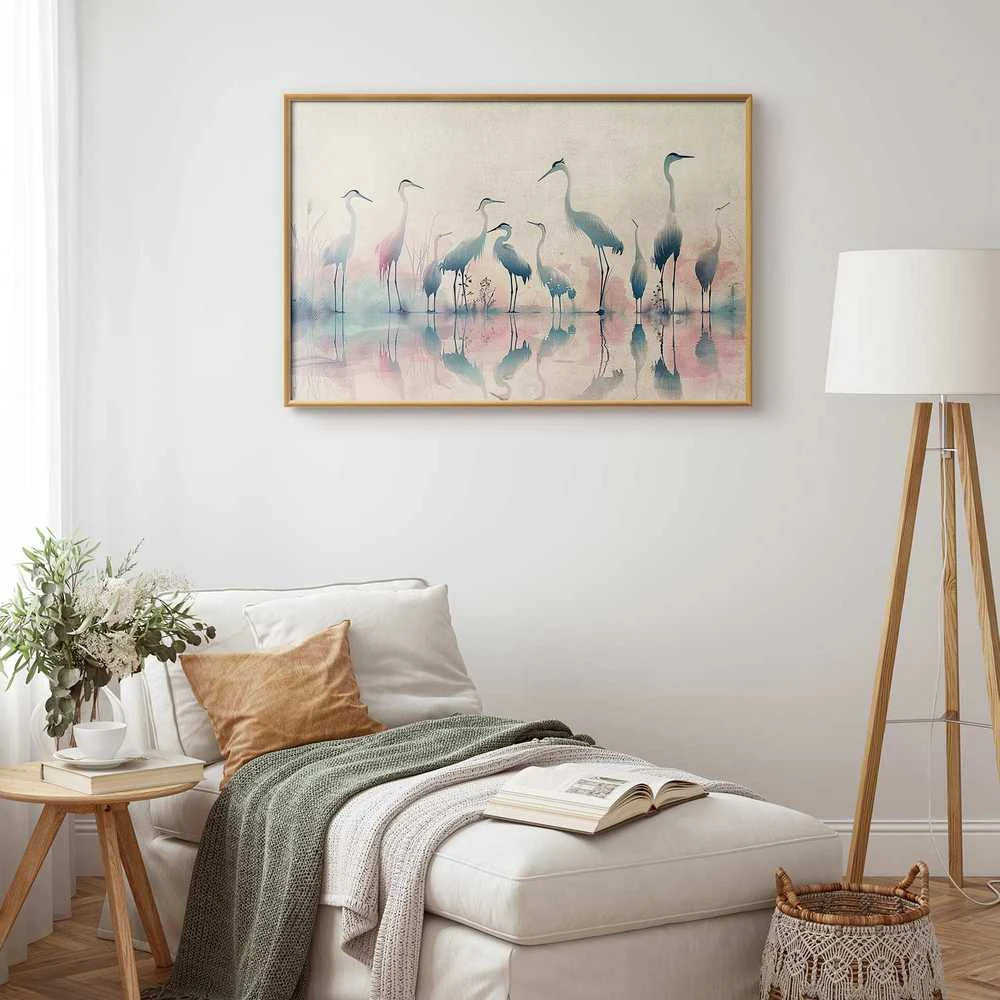 Artgeist Plakatas - Birds by the Lake - herons painted in watercolor in a delicate, pilka-pink palette