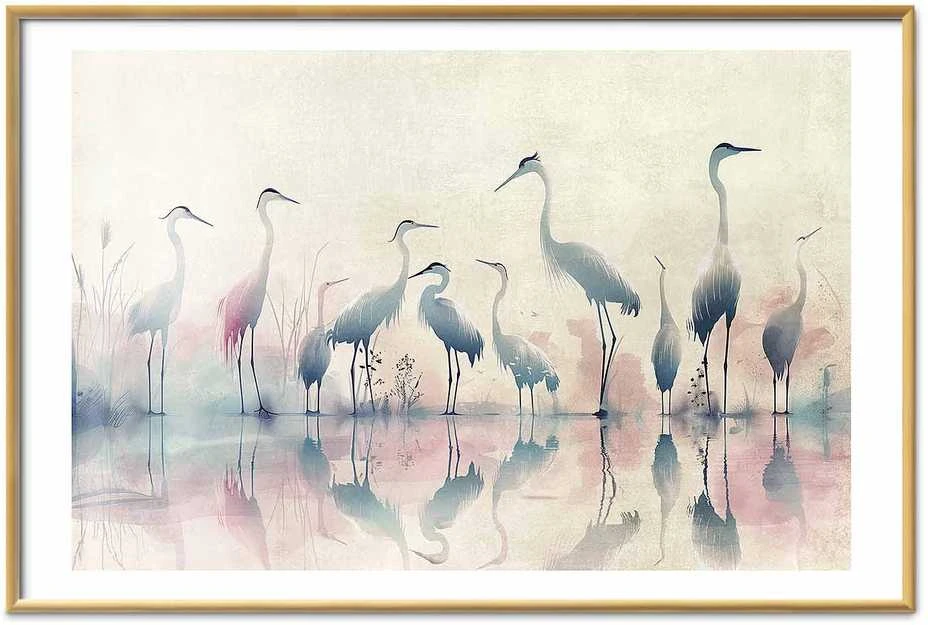 Artgeist Plakatas - Birds by the Lake - herons painted in watercolor in a delicate, pilka-pink palette