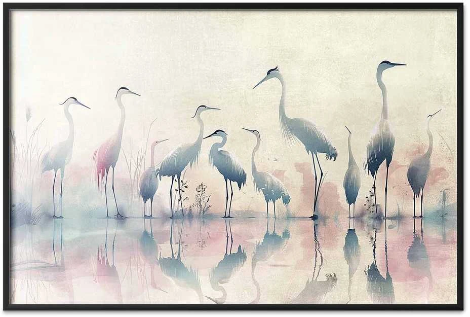 Artgeist Plakatas - Birds by the Lake - herons painted in watercolor in a delicate, pilka-pink palette