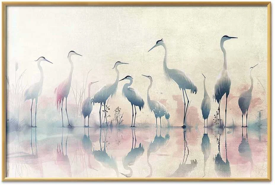Artgeist Plakatas - Birds by the Lake - herons painted in watercolor in a delicate, pilka-pink palette