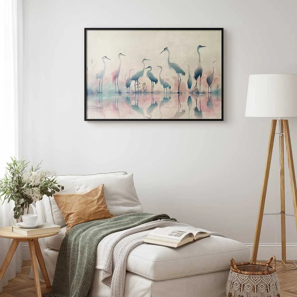 Artgeist Plakatas - Birds by the Lake - herons painted in watercolor in a delicate, pilka-pink palette