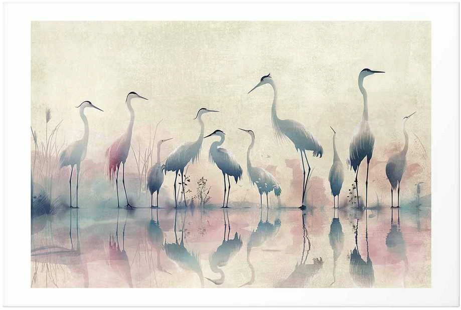 Artgeist Plakatas - Birds by the Lake - herons painted in watercolor in a delicate, pilka-pink palette