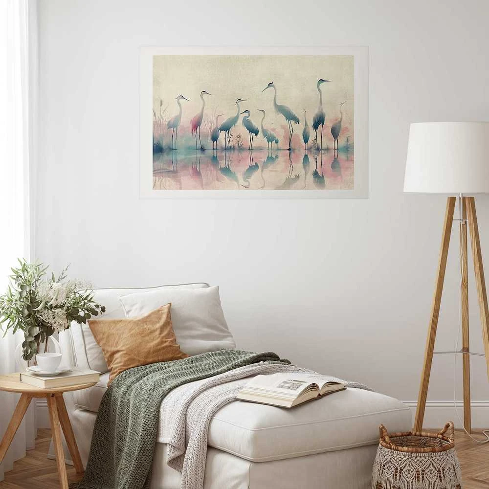 Artgeist Plakatas - Birds by the Lake - herons painted in watercolor in a delicate, pilka-pink palette