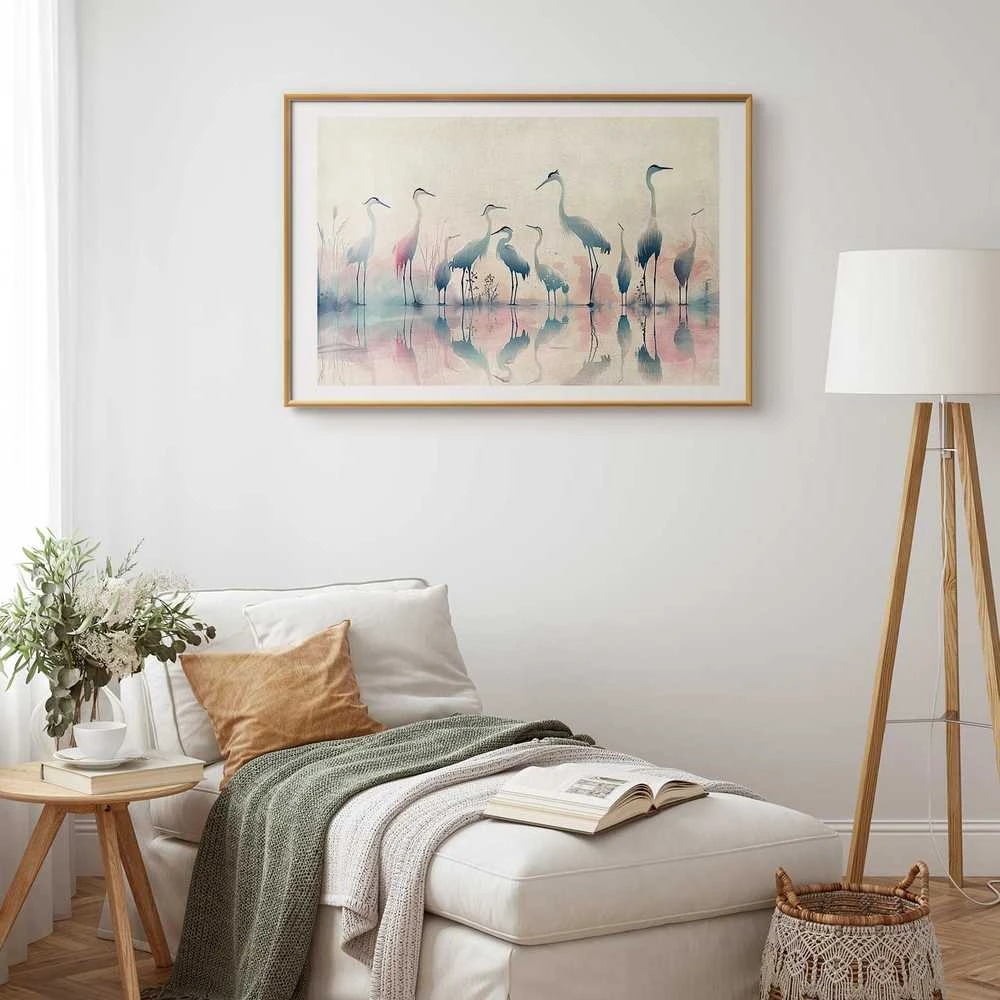 Artgeist Plakatas - Birds by the Lake - herons painted in watercolor in a delicate, pilka-pink palette