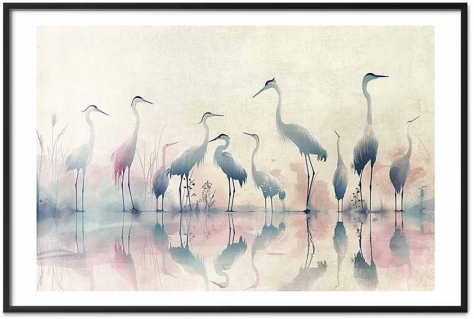 Artgeist Plakatas - Birds by the Lake - herons painted in watercolor in a delicate, pilka-pink palette