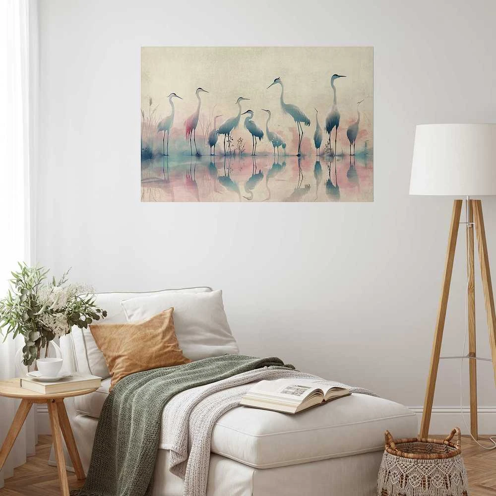 Artgeist Plakatas - Birds by the Lake - herons painted in watercolor in a delicate, pilka-pink palette