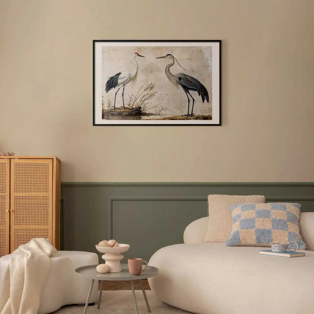 Artgeist Plakatas - Birds from an Old Engraving - vintage-style illustration of a heron and a crane