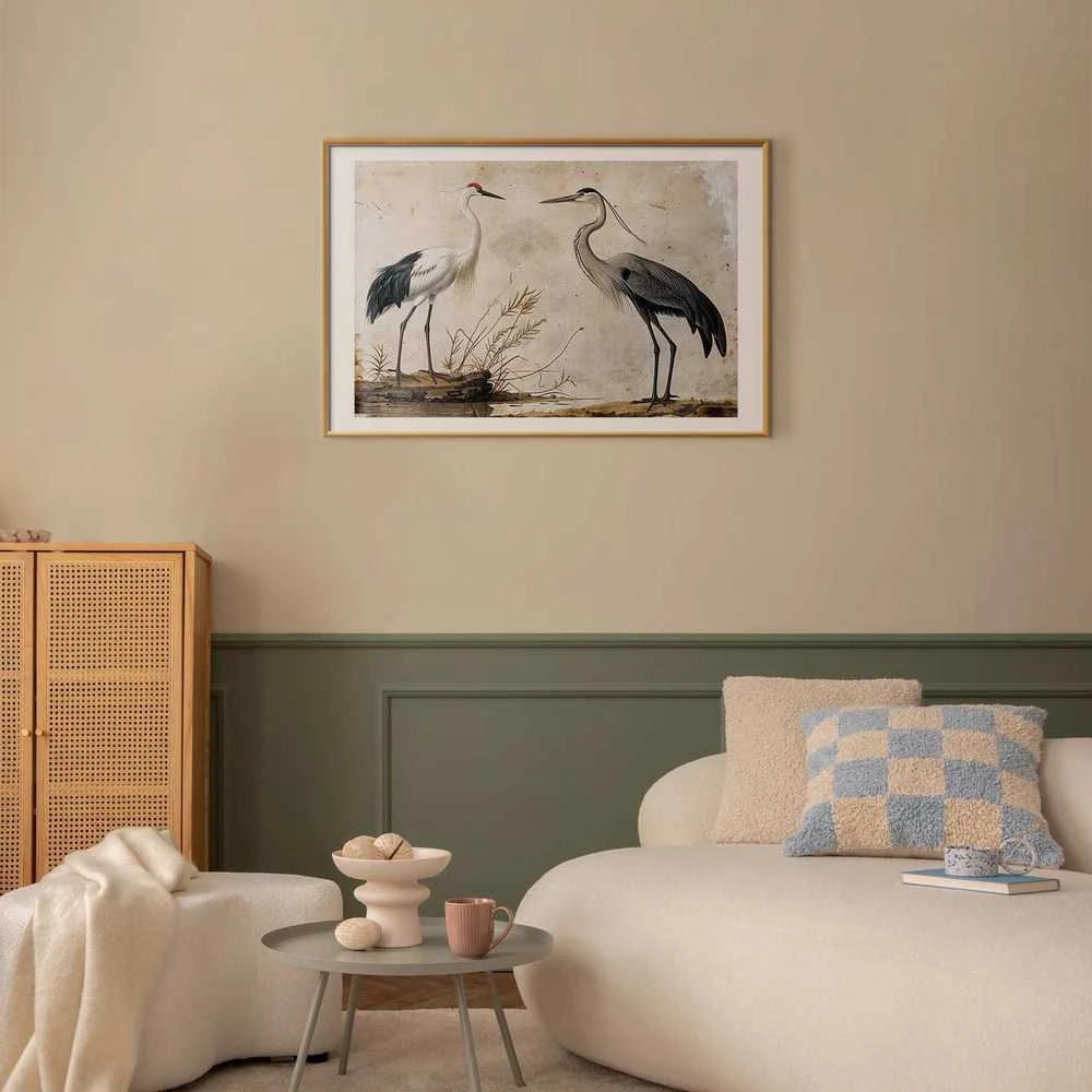 Artgeist Plakatas - Birds from an Old Engraving - vintage-style illustration of a heron and a crane