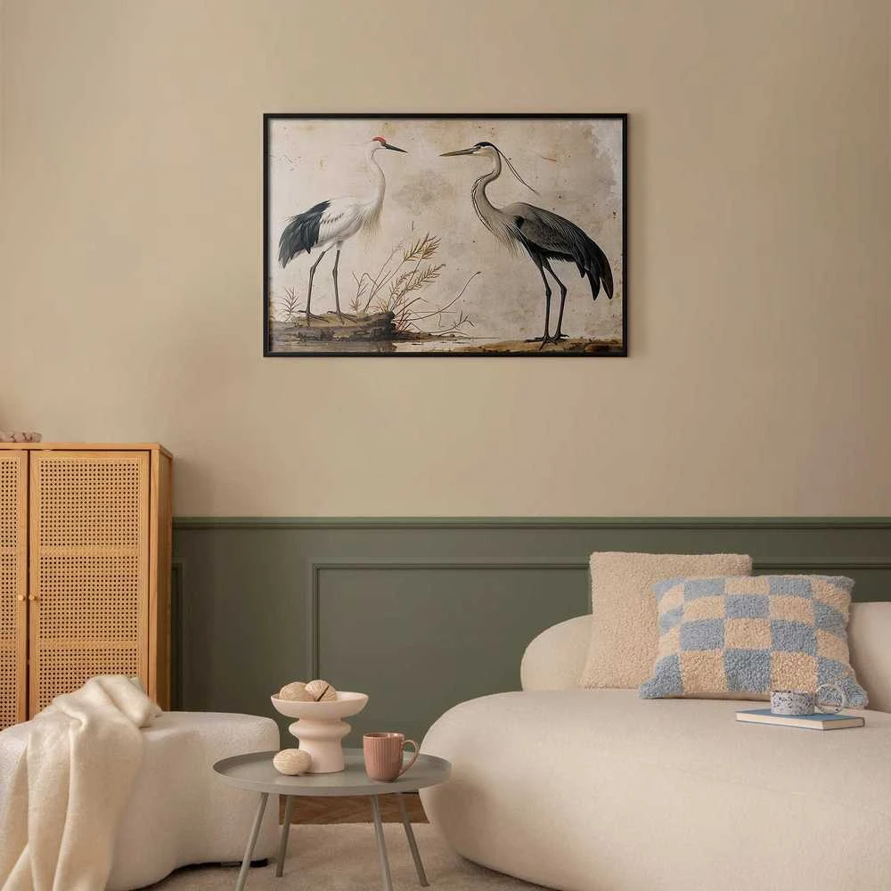Artgeist Plakatas - Birds from an Old Engraving - vintage-style illustration of a heron and a crane