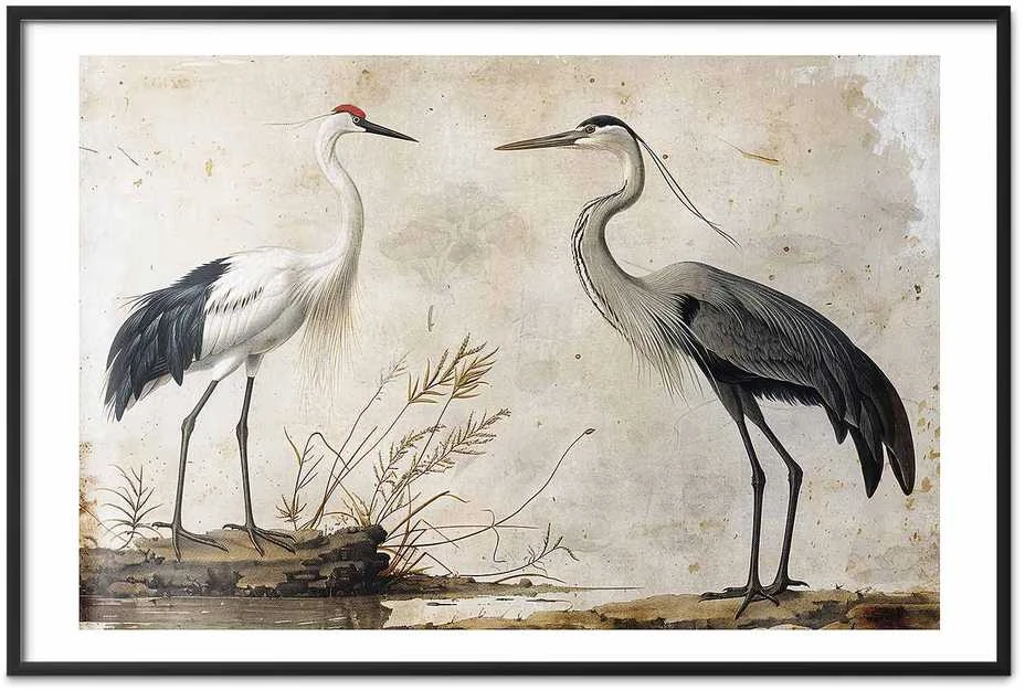 Artgeist Plakatas - Birds from an Old Engraving - vintage-style illustration of a heron and a crane