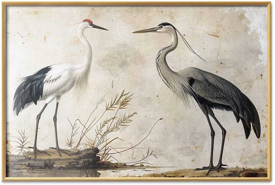 Artgeist Plakatas - Birds from an Old Engraving - vintage-style illustration of a heron and a crane