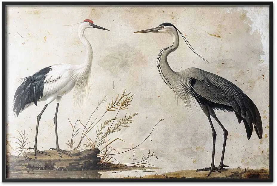 Artgeist Plakatas - Birds from an Old Engraving - vintage-style illustration of a heron and a crane