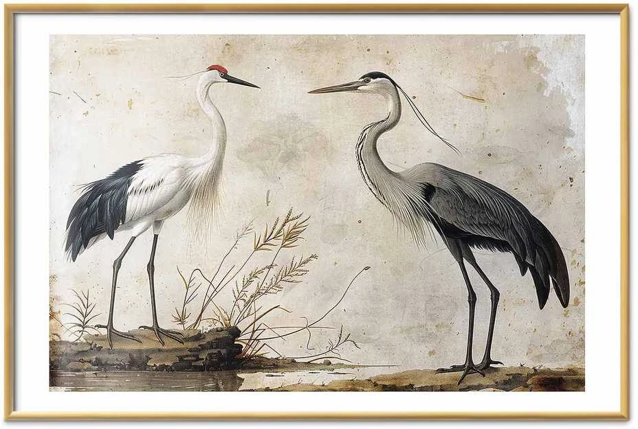 Artgeist Plakatas - Birds from an Old Engraving - vintage-style illustration of a heron and a crane