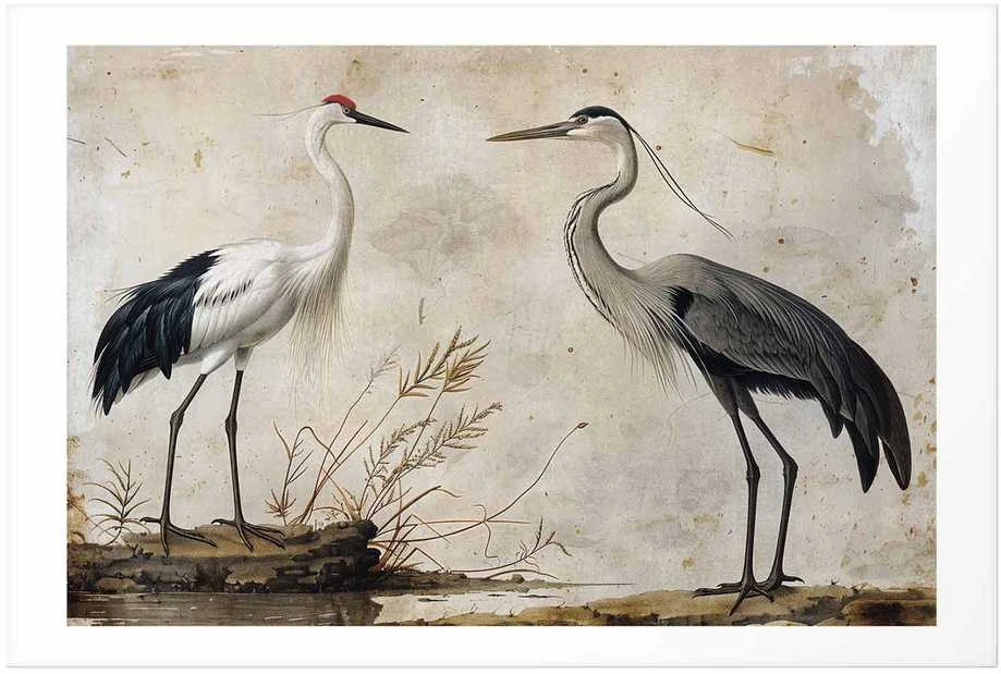 Artgeist Plakatas - Birds from an Old Engraving - vintage-style illustration of a heron and a crane