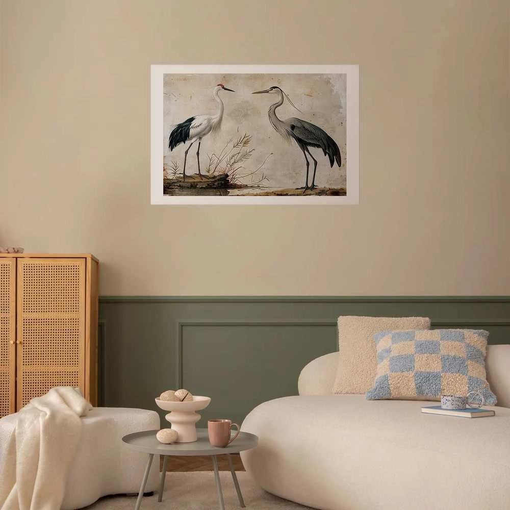 Artgeist Plakatas - Birds from an Old Engraving - vintage-style illustration of a heron and a crane