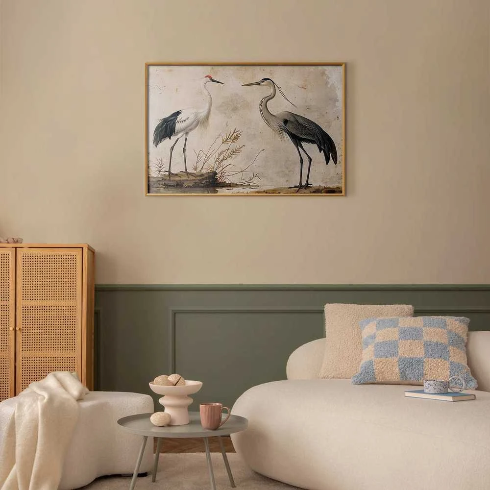 Artgeist Plakatas - Birds from an Old Engraving - vintage-style illustration of a heron and a crane