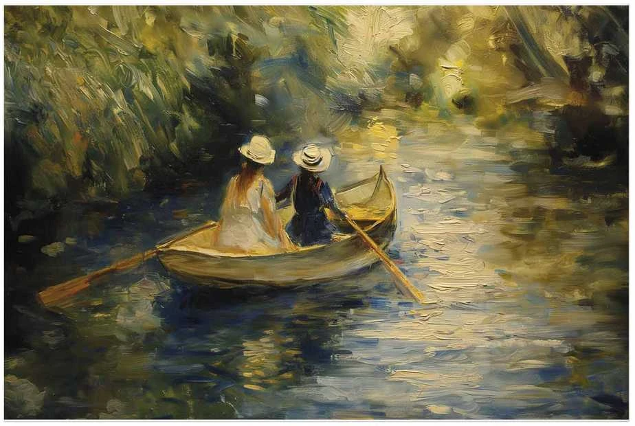 Artgeist Plakatas - Boat crossing - painting of two women sailing a boat on a river