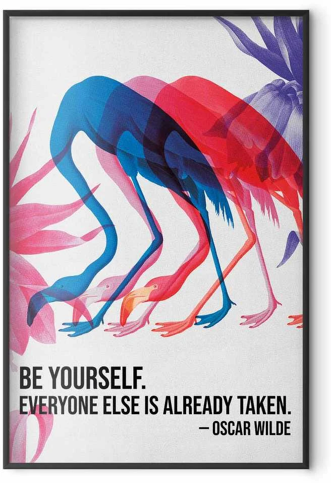 Artgeist Plakatas - Colorful Repetition - three flamingo silhouettes with an inspiring quote