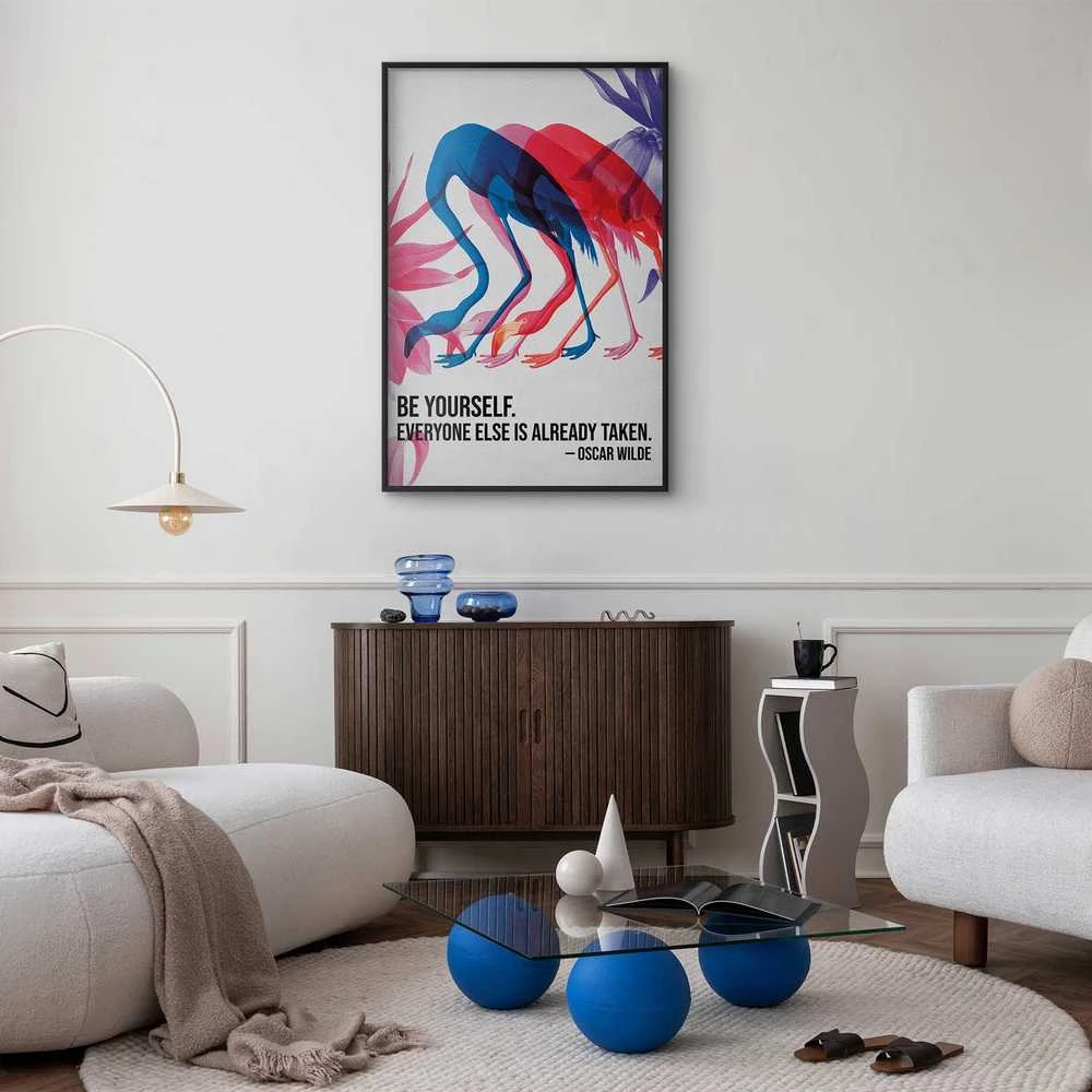 Artgeist Plakatas - Colorful Repetition - three flamingo silhouettes with an inspiring quote