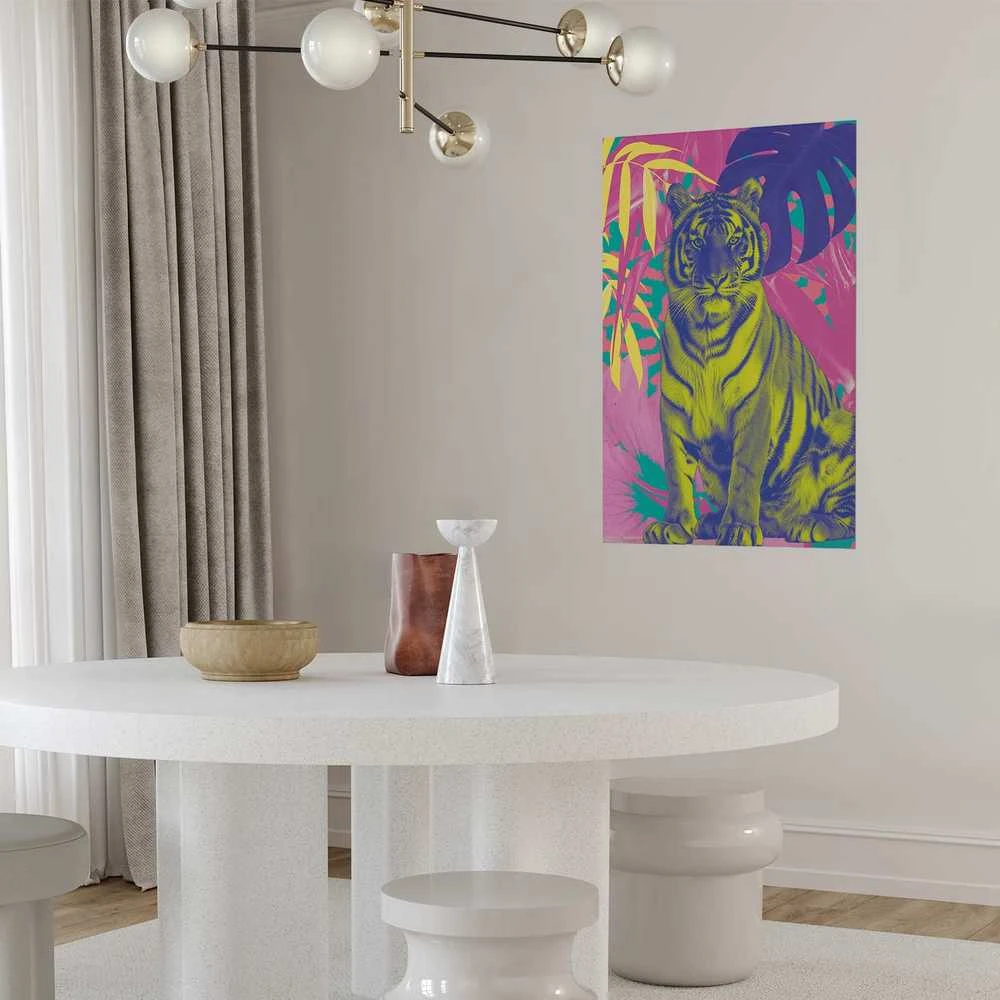 Artgeist Plakatas - Colorful Tiger - intense colors of a tiger surrounded by tropical plants