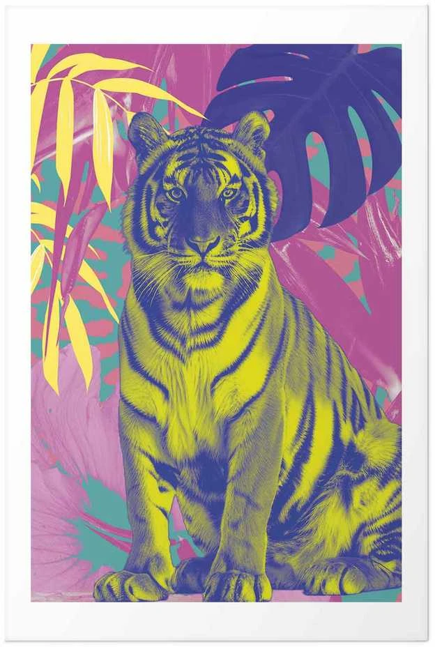 Artgeist Plakatas - Colorful Tiger - intense colors of a tiger surrounded by tropical plants