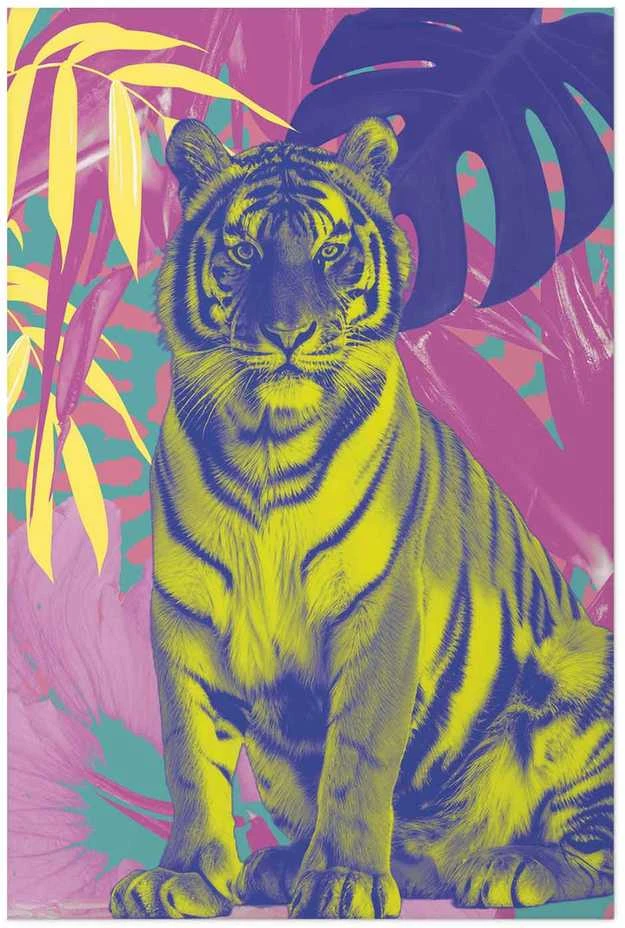 Artgeist Plakatas - Colorful Tiger - intense colors of a tiger surrounded by tropical plants