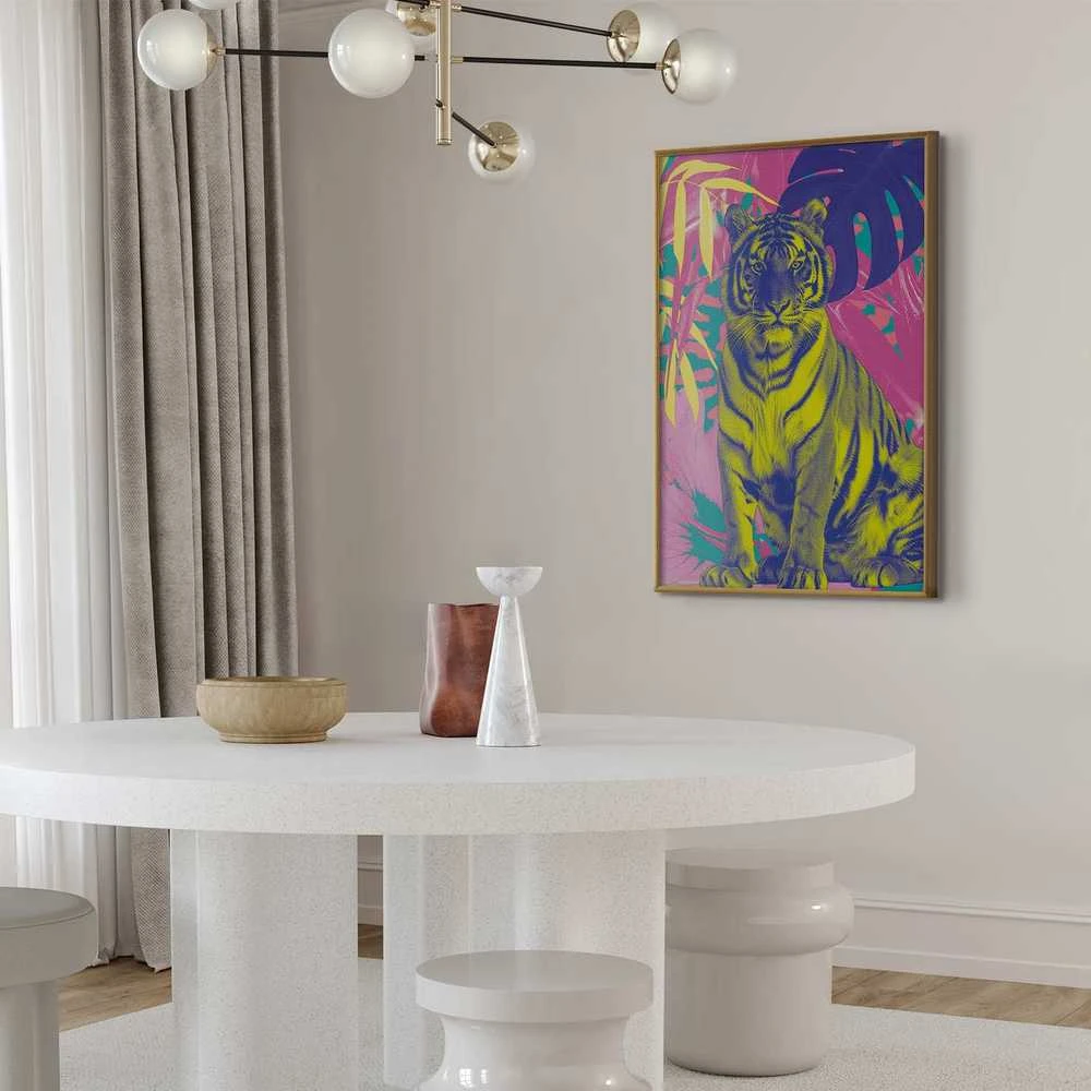 Artgeist Plakatas - Colorful Tiger - intense colors of a tiger surrounded by tropical plants