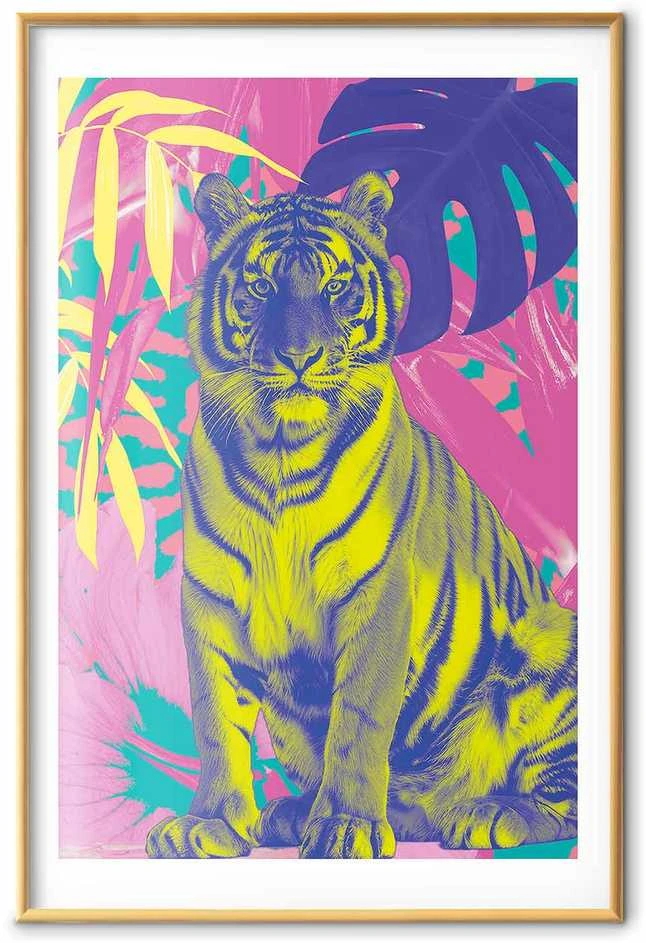 Artgeist Plakatas - Colorful Tiger - intense colors of a tiger surrounded by tropical plants
