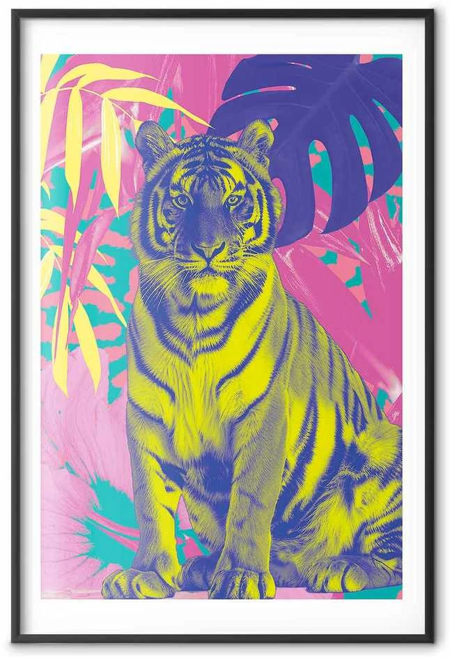 Artgeist Plakatas - Colorful Tiger - intense colors of a tiger surrounded by tropical plants