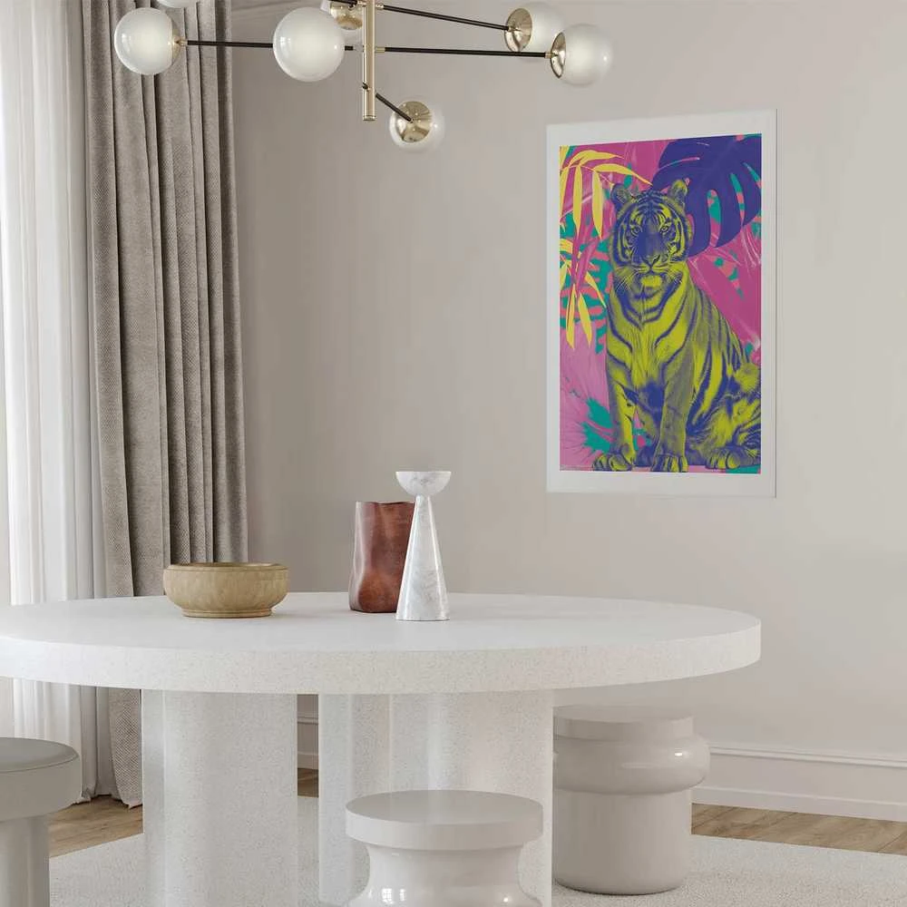 Artgeist Plakatas - Colorful Tiger - intense colors of a tiger surrounded by tropical plants