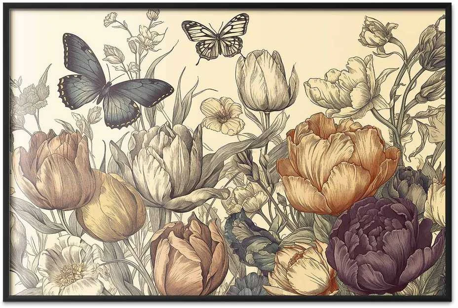 Artgeist Plakatas - Colorful Tulips on a Kreminis Background