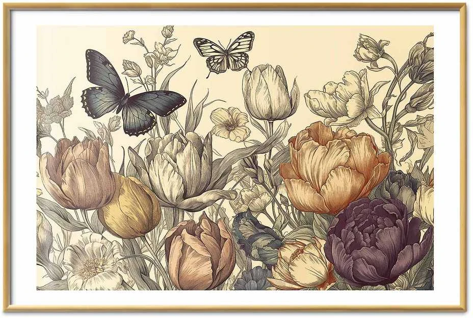 Artgeist Plakatas - Colorful Tulips on a Kreminis Background