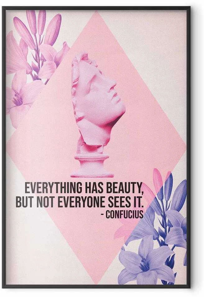Artgeist Plakatas - Confucius on Beauty - a bust in pink with flowers and a quote