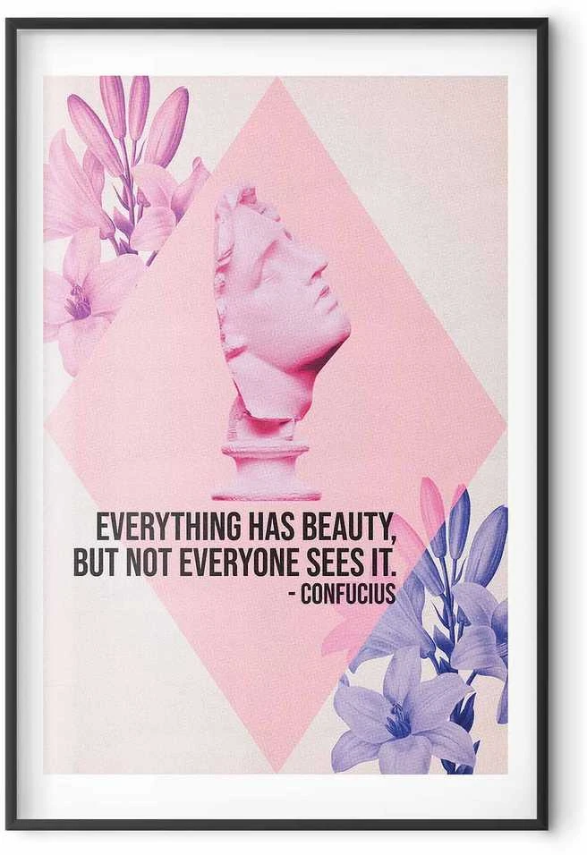 Artgeist Plakatas - Confucius on Beauty - a bust in pink with flowers and a quote
