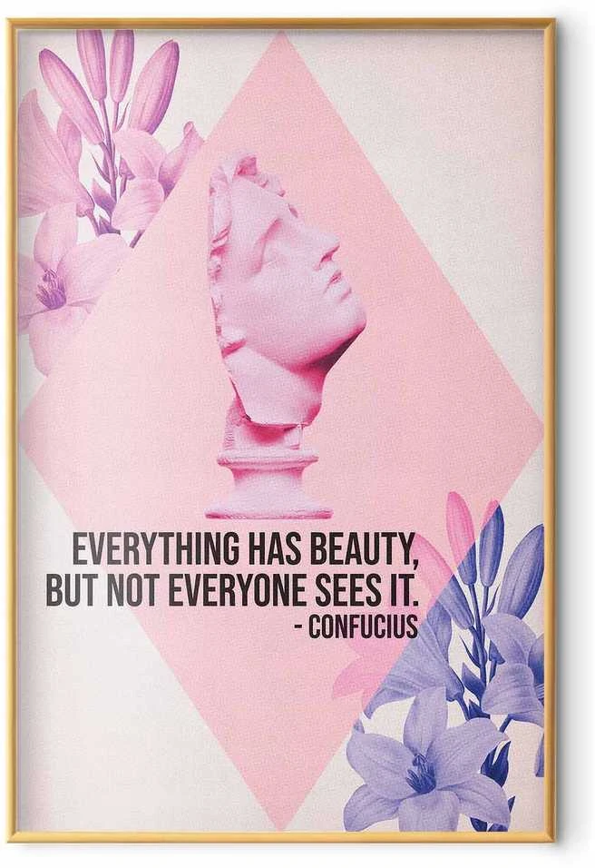 Artgeist Plakatas - Confucius on Beauty - a bust in pink with flowers and a quote