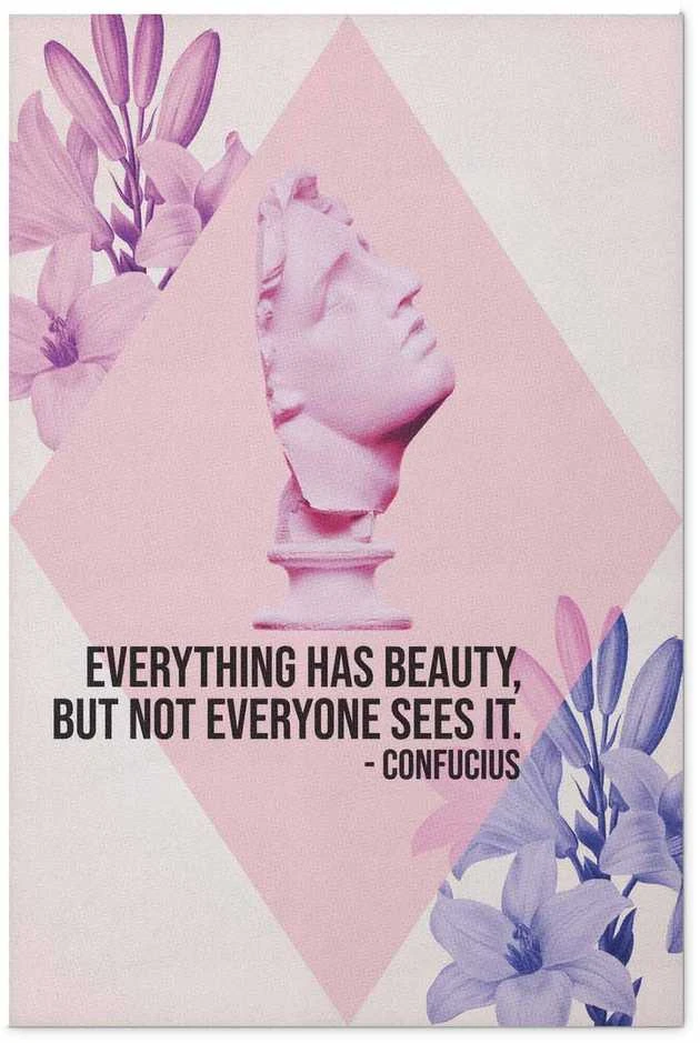 Artgeist Plakatas - Confucius on Beauty - a bust in pink with flowers and a quote
