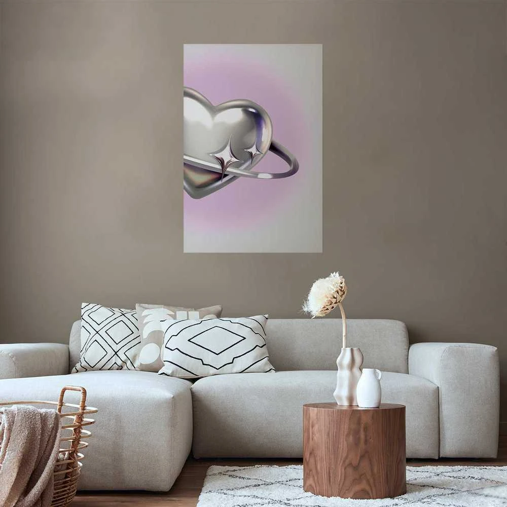 Artgeist Plakatas - Cosmic Heart - sidabrinis heart with a ring on a violetinė background