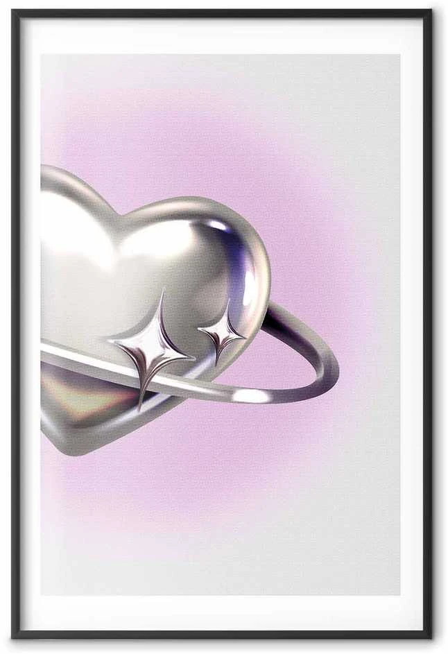 Artgeist Plakatas - Cosmic Heart - sidabrinis heart with a ring on a violetinė background