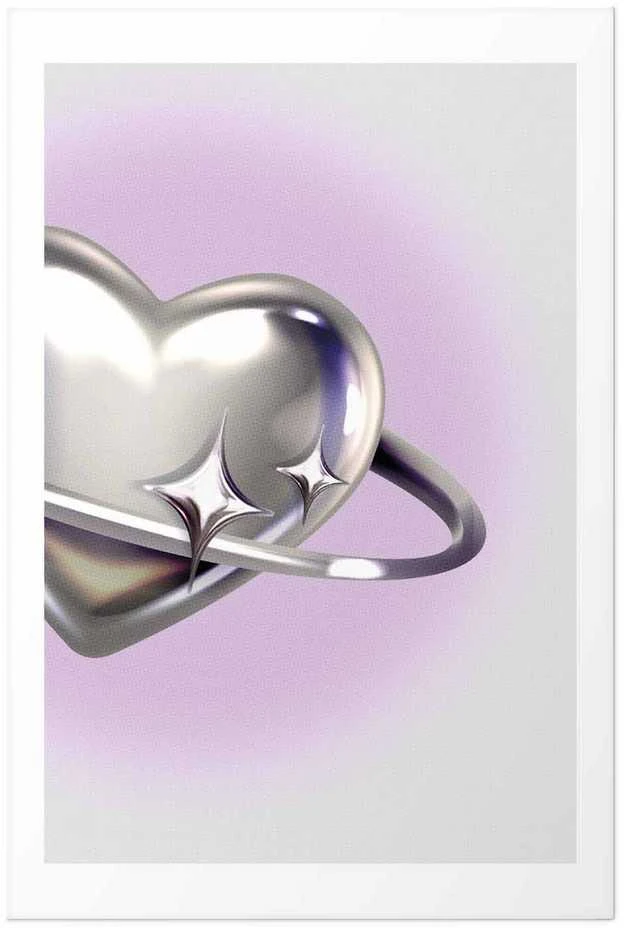 Artgeist Plakatas - Cosmic Heart - sidabrinis heart with a ring on a violetinė background