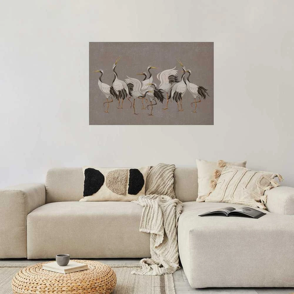 Artgeist Plakatas - Crane Dance - light bird silhouettes on a warm-pilka textured background