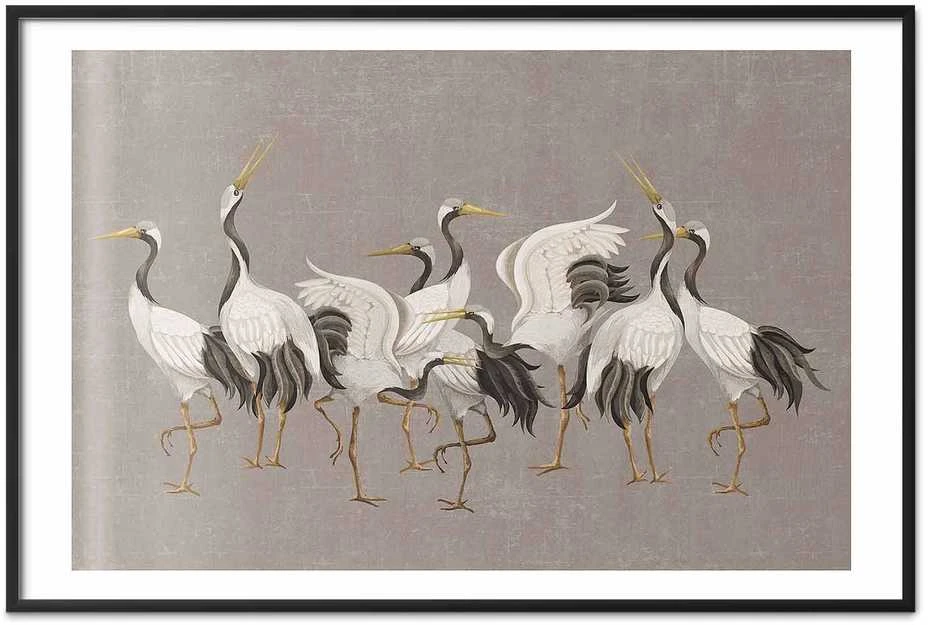 Artgeist Plakatas - Crane Dance - light bird silhouettes on a warm-pilka textured background