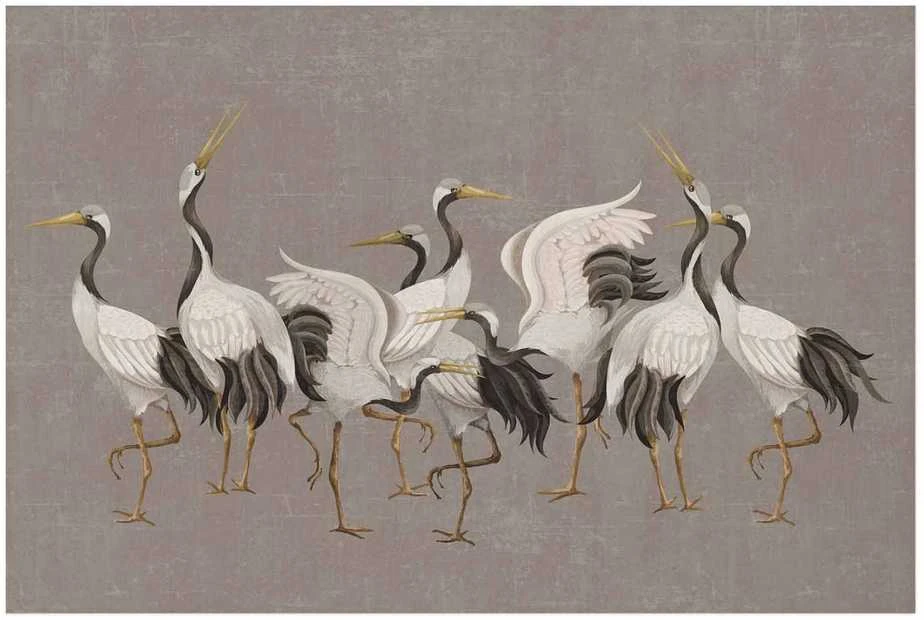 Artgeist Plakatas - Crane Dance - light bird silhouettes on a warm-pilka textured background