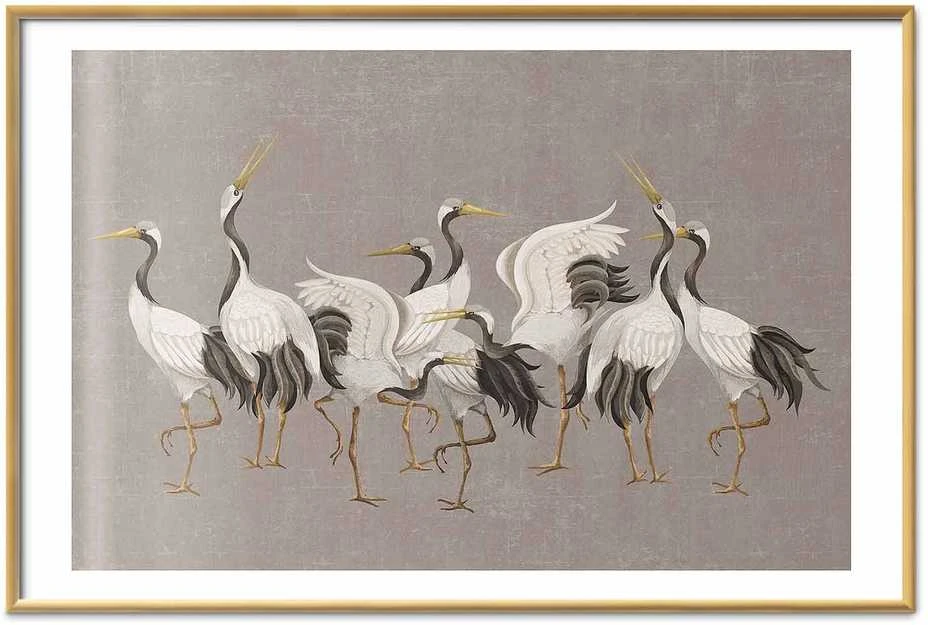 Artgeist Plakatas - Crane Dance - light bird silhouettes on a warm-pilka textured background