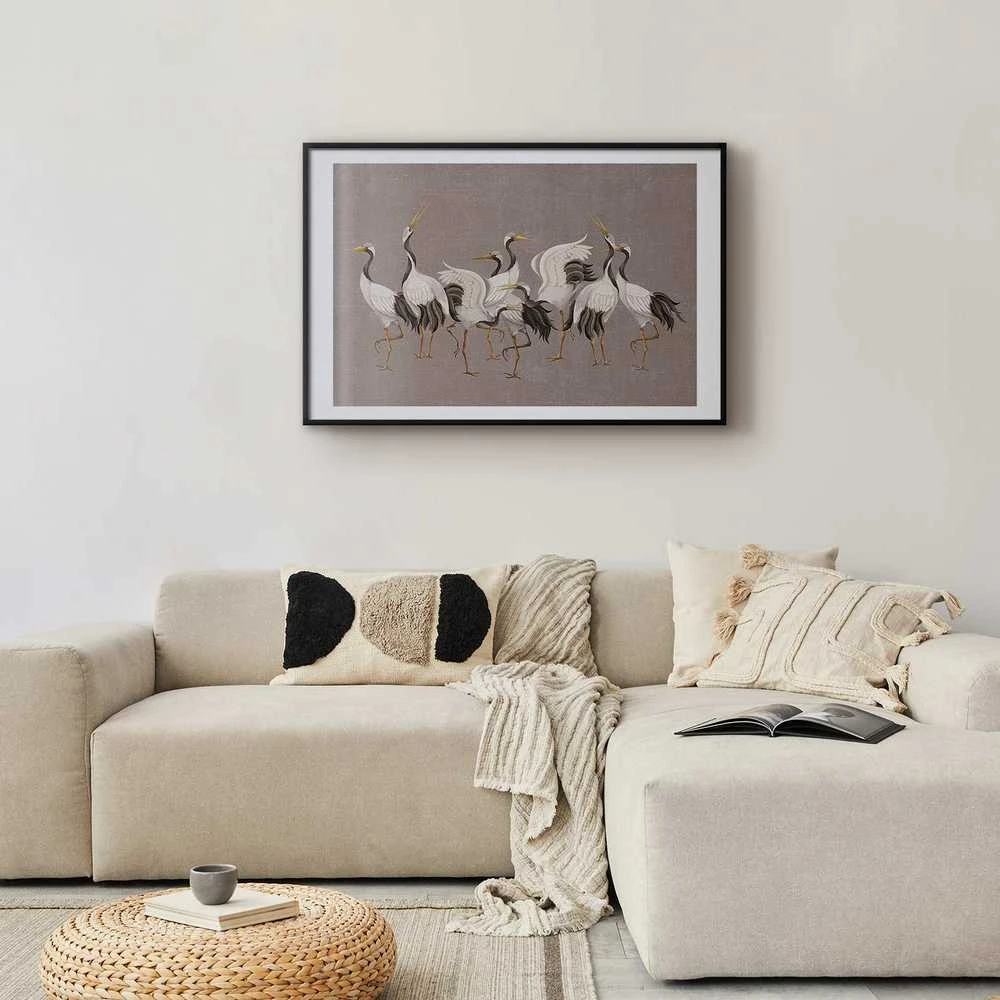 Artgeist Plakatas - Crane Dance - light bird silhouettes on a warm-pilka textured background