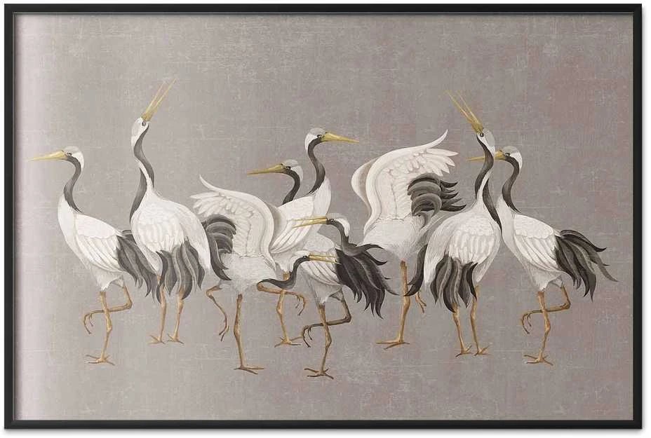 Artgeist Plakatas - Crane Dance - light bird silhouettes on a warm-pilka textured background
