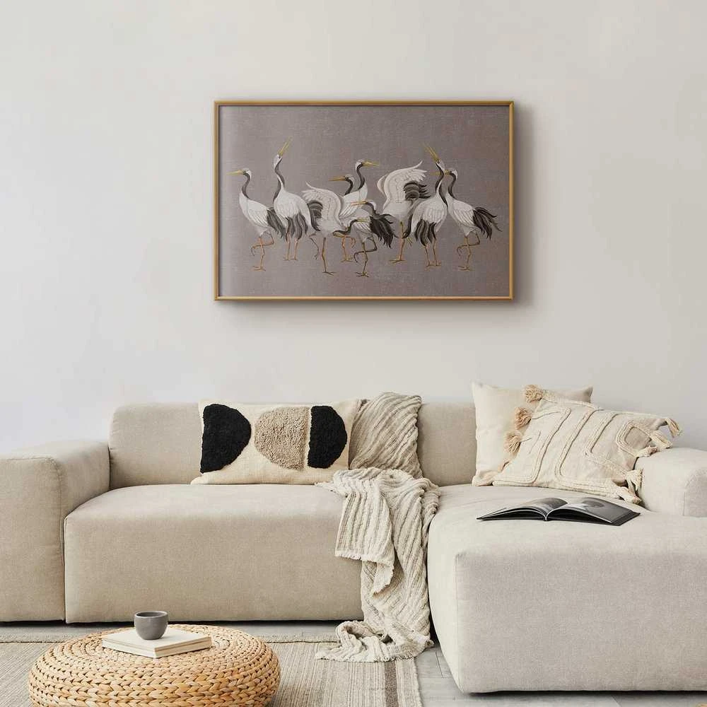 Artgeist Plakatas - Crane Dance - light bird silhouettes on a warm-pilka textured background