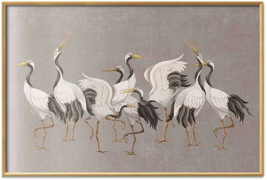 Artgeist Plakatas - Crane Dance - light bird silhouettes on a warm-pilka textured background