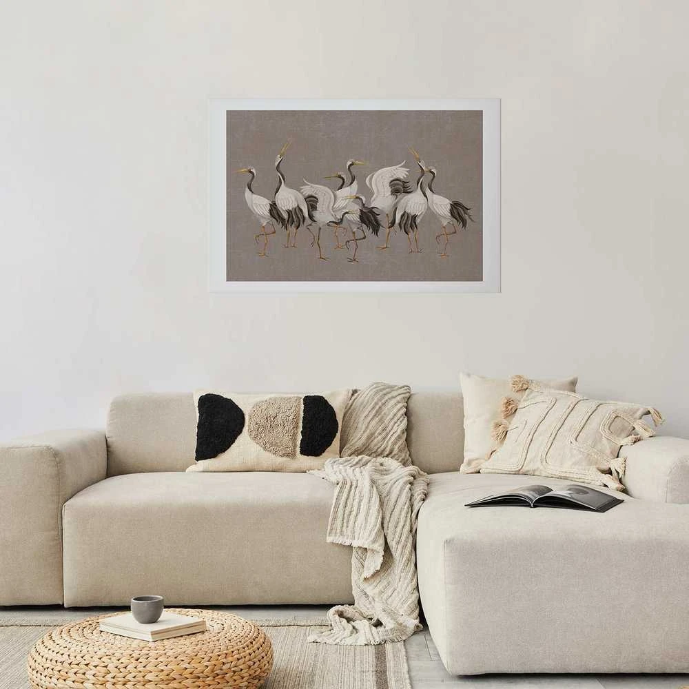 Artgeist Plakatas - Crane Dance - light bird silhouettes on a warm-pilka textured background