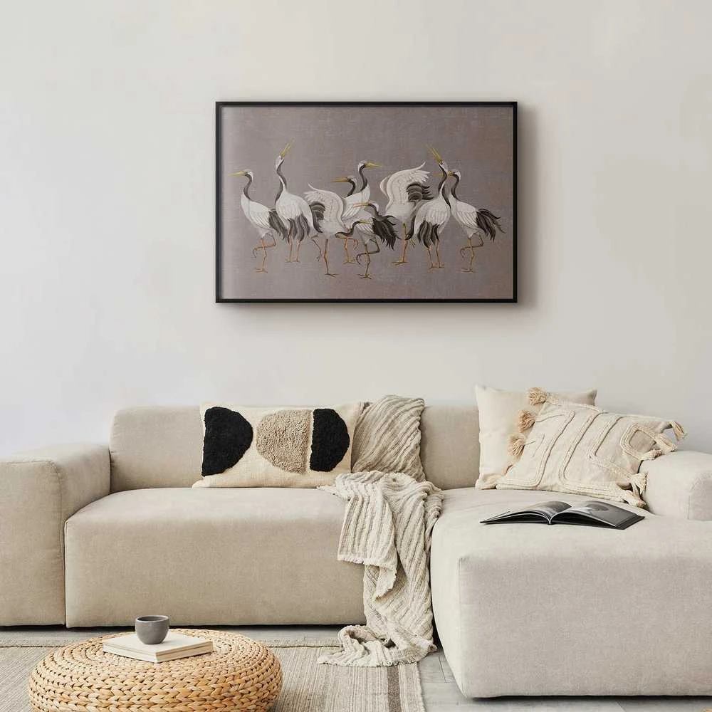 Artgeist Plakatas - Crane Dance - light bird silhouettes on a warm-pilka textured background
