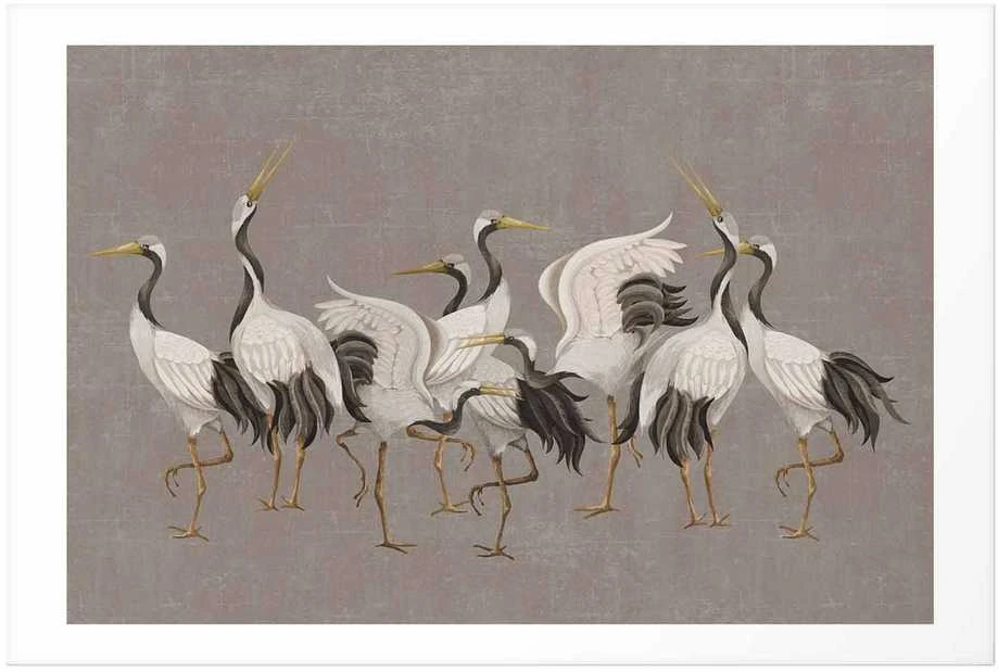 Artgeist Plakatas - Crane Dance - light bird silhouettes on a warm-pilka textured background
